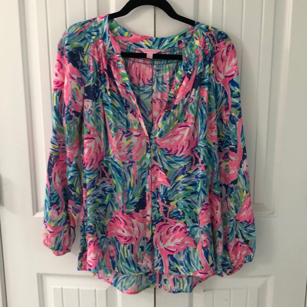 Lily Pulitzer M Top Button Up Flamingo Print - image 1